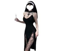 JasmyGirls Costume de nonne sexy pour cosplay, Halloween, costume de soubrette gothique diable jeu de rôle coquine succube fente haute