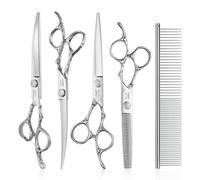 JASON Dog Grooming Scissors Kit, Professional 6 in 1 Dog Scissors Set - 6.5" Thinning, 7" Straight, 7" Up-Curved, 7" Down-curved Shears and Comb for Dog Cat Pet (Silver)