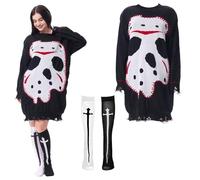 Jason Masque Pull en tricot pour femme avec chaussettes hautes Halloween Horreur Élégant Jason Voorhees Pull ample Tenue décontractée pour Halloween, carnaval, cosplay (S)
