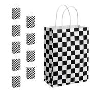 JasperKino Lot de 10 sacs à friandises à motif de voiture de course avec poignées - Noir et blanc - Motif drapeau de course