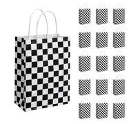 JasperKino Lot de 16 sacs à friandises à motif de voiture de course avec poignées - Noir et blanc - Motif drapeau de course