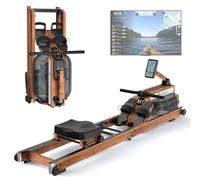 JASPORT Rameur M1 pour la maison - Pliable et peu encombrant, en bois d'hévéa certifié FSC, avec réservoir d'eau de 20 L, écran LCD, Bluetooth, compatible Kinomap, support de tablette, charge maximale