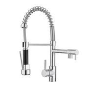 JASSFERRY Mitigeur d'évier de cuisine à ressort flexible à levier unique avec douchette extractible à haut arc, bras oscillant monobloc chromé (deux becs)