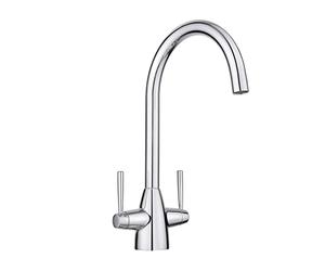 JASSFERRY Robinet mitigeur d'évier de cuisine double quart de tour avec poignées à levier col de cygne et bec rond pivotant en chrome poli