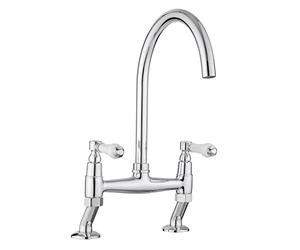 JASSFERRY Robinet mitigeur traditionnel en céramique blanche avec poignées à levier montées sur le plateau monobloc classique 2 trous pour évier de cuisine chromé avec bec pivotant