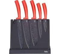 JATA HOGAR HACC4502 Couteaux de cuisine 5 pièces avec support magnétique pour ranger avec aiguiseur, couteaux en acier, poignée en polypropylène facile à nettoyer, revêtement antiadhésif