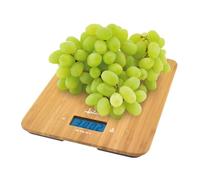 JATA HOGAR HBL0310 Balance de cuisine numérique 15 kg/1 g, surface en bambou durable, haute précision, LCD rétroéclairé, tare, minuteur, horloge, 5 unités de mesure