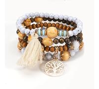 jatimdotin Bracelet Femmes, Lot de 4 Bracelets Style Bohème, Bracelet Perles Bois pour Femme avec Arbre De Vie, Cadeau pour Maman Sœur Amie