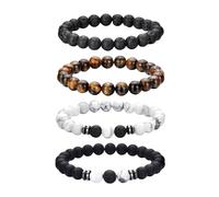 jatimdotin Bracelet pour Homme, 4 PCS Bracelet Pierre Naturelle Homme, 8 mm Bracelets Extensibles en Pierre de Lave, Bracelet Perles Homme pour Papa Mari Copain Couple de Cadeau Personnalisé