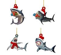 Jauarta Pendentif de Noël en Bois en Forme de Requin, Lot de 4 Décorations de Chapeau de Père Noël pour Décoration D'arbre de Noël, de Vacances, Design D'apparence Créative, Peut être (Couleur)