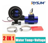 Jauge numérique LED de température de l'eau, 2 en 1, voltmètre rond avec capteur de température, adaptateur de raccord de tuyau de radiateur 1/8NPT, 26MM~40MM, 12V24V with 38mm Blue