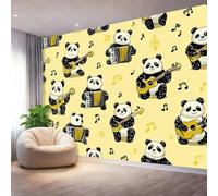 Jaune Pâle Papier Peint Mural,Dessin Animé Panda Notes De Musique Intissé Panoramique Décoration Murale pour Fond de TV - Salon et Chambre Impression Haute Définition Poster Mural 200 x 140 cm（WxH)