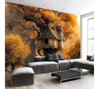 Jaune Papier Peint Intissé La Cabane Dans Les Arbres Contes Fées Panoramique Fresque Murale, Pour Salon & Chambre Fond Tv Décoration - (Facile À Poser) Cabane Dans Arbres Fantastique 150 X 105 Cm