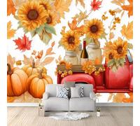 Jaune Papier peint photo en non-tissé - 250 x 175 cm 3D Poster Geant Mural Motif Fleurs Citrouilles Feuilles Camions, Décoration murale pour salon chambre à coucher restaurant