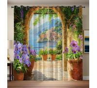 Jaune Rideau Occultant à Oeillets, Rideaux Isolants Motif Italie Arch pour Decoration Salon Chambre Fenetre, Campagne Fleurs Draperies Intérieurs à Oeillets Lot de 2, 140x180 cm