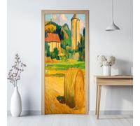 Jaune Vert Sticker Porte 3D, Fermes De Campagne Prairies Ciel Autocollant Poster de Porte Auto-adhésif Vinyle, Affiche Sticker Mural Chambre Salle de Bain Papier Peint Art Déco, 95 x 215 cm