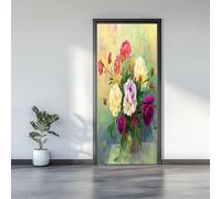 Jaune-Vert Sticker Porte 3D, Vintage Fleurs Pivoines Élégance Autocollant Poster de Porte Auto-adhésif Vinyle, Affiche Sticker Mural Chambre Salle de Bain Papier Peint Art Déco, 95 x 215 cm
