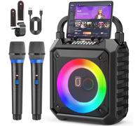 JAUYXIAN Machine de Karaoké pour Adultes, Enceinte Bluetooth avec 2 Micro sans Fil, Karaoke Complet avec REC/AUX/USB/TF, Équipement de Karaoke Portable pour Fêtes à Domicile/Camping en Plein Air