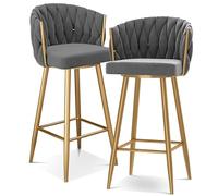 JAVPTAV Tabourets de Bar, chaises de Bar, Tabouret Haut, siège rembourré en Velours, Tabouret de Cuisine pivotant à 360° avec Repose-Pieds for comptoir îlot, pub, Bistro, Vert(Grey 2 Pcs,Gold Leg)