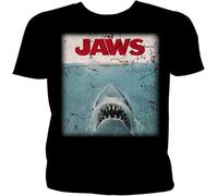 Jaws Mens Great White Shark Distressed Movie Poster T-Shirt Fashion Casual Unisex Black Tee Manches Courtes(X-Large)