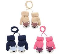 JAWSEU 3 Paires Mitaines Extensibles d'hiver Gants en Tricot Gants Enfants Moufle Hiver Gants Mitaines Bébé avec Corde Gants d'hiver Renard Mignon Gloves Ski Snowboard pour Garçons Filles 0-4 Ans