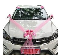 JAWSEU Kit de Décoration Voiture de Mariage avec Tulle Ruban, Rose Artificielle et Noeud - Fleurs pour Fête et Célébration