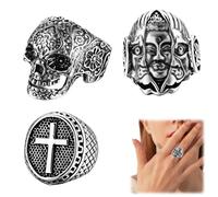 JAWUZ 3 Pièces Bague Anneaux En Acier Inoxydable, Motif Tête De Mort - Pour Homme Et Garçon - Style Rétro, Bagues Pour Homme,Bagues Homme,Bague Tete De Mort Homme(3Forme)