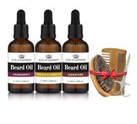 Jax of London Lot de 3 huiles après-rasage pour homme avec brosse à barbe en poils de sanglier et ciseaux à moustache Coffret cadeau pour soins quotidiens Fahrenheit, Signature et vanille et tabac 50