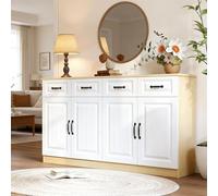 Jaxenor Buffet avec 4 tiroirs et 4 portes, buffet de salon avec 2 étagères, design cannelé, 8 poignées en métal, armoire de rangement, armoire de salon pour salle à manger, couloir, blanc + naturel