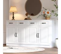 Jaxenor Buffet avec 4 tiroirs et 4 portes, buffet de salon avec 2 étagères, design cannelé et 8 poignées en métal, armoire de rangement, armoire de salon pour salle à manger, couloir, blanc