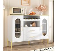 Jaxenor Buffet de salon avec 2 tiroirs et 2 portes en verre - Armoire de buffet pour salon, salle à manger et couloir - Armoire de salon moderne avec étagère à vin et pieds réglables - Armoires basses