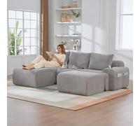 Jaxenor Canapé cloud 3 places avec 2 tabourets, canapé Boneless avec 3 coussins, canapé modulaire en velours côtelé pour salon, chambre à coucher, canapé en mousse, avec porte-gobelet et poche