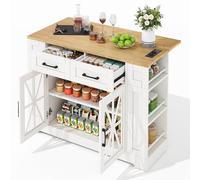 Jaxenor Chariot de cuisine avec roulettes en freins, îlot de cuisine avec plan de travail, étagère ouverte, port AC, port USB, porte en verre, stratifié réglable, chariot de cuisine avec table à