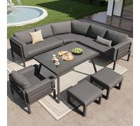 Jaxenor Ensemble de meubles de jardin d'extérieur 8 places en forme de demi-lune avec coussins, table en verre, 1 fauteuil et 2 tabourets, résistant aux intempéries, pour terrasse et balcon, gris