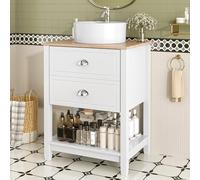 Jaxenor Lavabo avec meuble bas, 2 tiroirs, blanc + couleur bois | Lavabo sur pied avec armoire inférieure, compartiment de rangement ouvert, ensemble de meubles de salle de bain pour salle de
