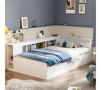 Jaxenor Lit pour enfant, 90 x 200 cm, avec tiroirs, multifonction, avec bibliothèque et armoire de rangement, lit de sol avec tiroir de rangement, sans matelas, blanc