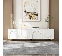 Jaxenor Meuble TV de 170 cm avec 4 portes, meuble TV avec espace de rangement, meuble TV moderne, meuble TV pour salon, pieds ronds dorés, ouverture par bouton-poussoir, blanc et doré