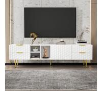 Jaxenor Meuble TV de 170 cm avec portes structurées, meuble TV avec 4 tiroirs, meuble TV avec compartiments de four, meuble TV pour salon, meuble TV bas, poignées et pieds dorés, blanc