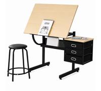 Jaxenor Table à dessin avec tabouret et 3 tiroirs suspendus, naturel + noir