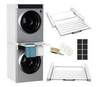 Jaxguom Cadre intermédiaire universel pour machine à laver et sèche-linge, kit d'empilage avec porte-serviettes, peu encombrant, capacité de charge jusqu'à 100 kg, avec coussinets antidérapants pour