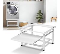 Jaxguom Support de machine à laver blanc avec étagères extensibles 3 hauteurs réglables, socle réglable pour sèche-linge à tambour et cadre de congélateur