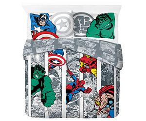 Jay Franco Marvel Comics Comic Cool, Parure de lit Enfant 200x200 cm, 100% Coton, lit 2 Personne - Comprend Housse de Couette & taies d'orieller - Convient aux Lits de 140x190cm à 140x200cm