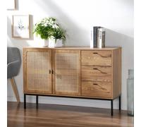 Calicosy - Buffet 2 Portes et 3 Tiroirs - Bois et Rotin - Collection Jaya - Meuble Buffet - Rangement Salon, Salle à Manger - Style Industriel - L 120 x P 35 x H 75 cm