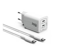 Jaym Chargeur secteur 2x USB-C GaN 65W PD-PPS avec câble USB-C 100W 2m Blanc