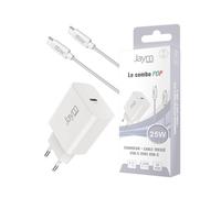 JAYM® Pop - Pack Chargeur Secteur USB-C 25W PD + Câble Tressé USB-C 1,5m (60W) - Recharge Rapide pour Samsung Galaxy S26/S25/S24, iPhone 17/16/15, Pixel 10/9 & Séries A - Blanc