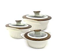 JAYPEE Lot de 3 cocottes isothermes avec couvercle en verre verrouillable et plat de service en plastique pour aliments chauds (1000 ml, 1500 ml et 2000 ml) (bois foncé)