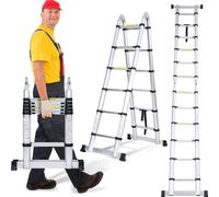Jayseuw Alu Teleskopleiter 1.9M+1.9M Escabeau escamotable Echelle coulissante Echelle multi-usages Echelle à poser Echelle en aluminium (1.9M+1.9M) Argent