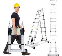 Jayseuw Alu Teleskopleiter 2.5M+2.5M Escabeau escamotable Echelle coulissante Echelle multi-usage Echelle à poser Echelle en aluminium (2.5M+2.5M) Argent