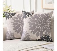 Jayusaror Housse de Coussin 45x45 cm Lot de 2 Decoratif Automne d'hiver Motif Canape Gris Fleurs de Dahlia Taie d'oreiller en Lin pour Chambre, Canapé, Chaise, Lit, Jardin Printemps Été