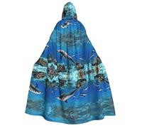 JAYWIS Cape d'Halloween à capuche 3D du monde sous-marin avec imprimé poisson dauphi pour adultes, cape pleine longueur imprimée pour festivals, événements gothiques et fêtes costumées